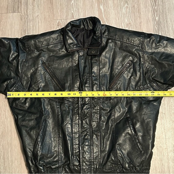 Bomber Leather Jacket Black Vintage 80s Drop Shoulder Moto Zipper Details M - Picture 7 of 8